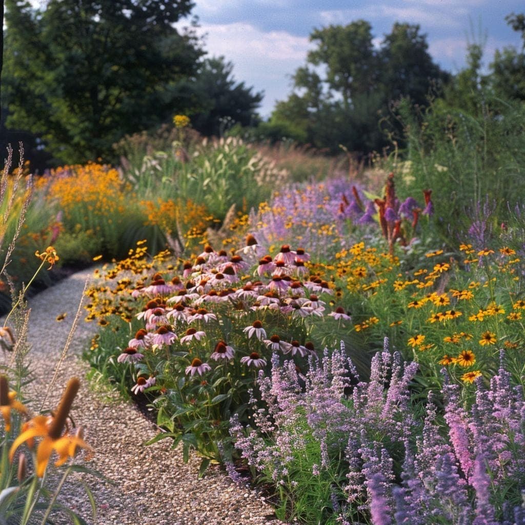 A water-wise Utah garden path lined with drought-tolerant perennials — purple coneflowers, golden black-eyed Susans, and lavender-blue salvia in full summer bloom