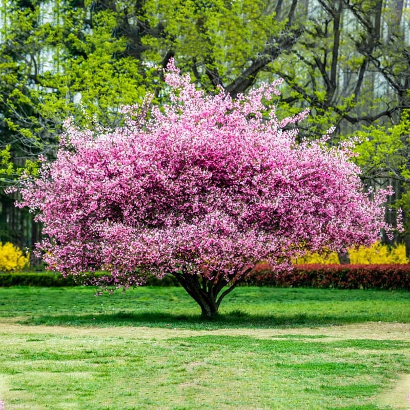 Crabapple in full pink spring bloom on a manicured lawn